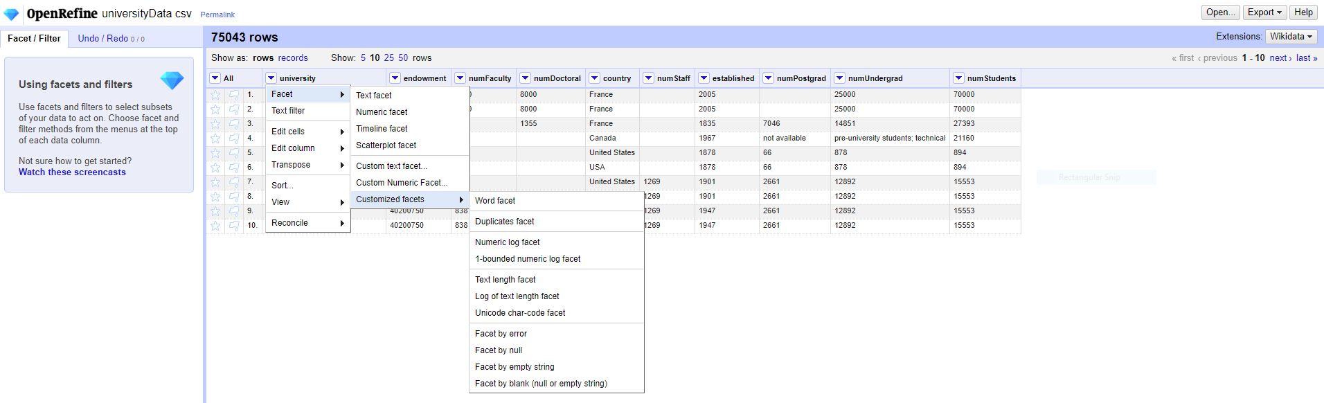 openrefine menu select