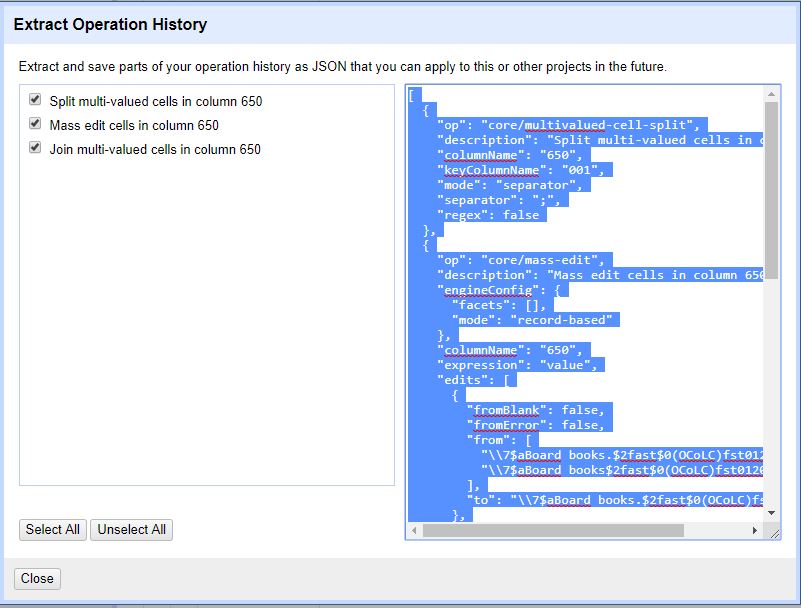 OpenRefine Extract Operation History